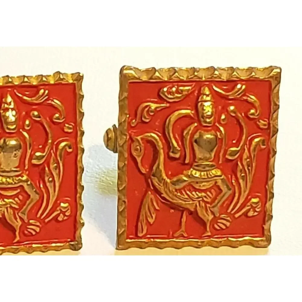 Beautiful‎ Goddess & Swan Red Cuff Links Enamel Unisex Oriental Asian Motif cl-